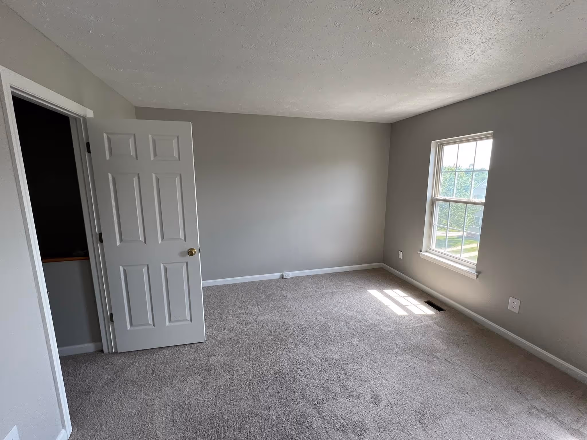 Empty carpeted room with gray walls, a white door slightly open, and a window letting in daylight.