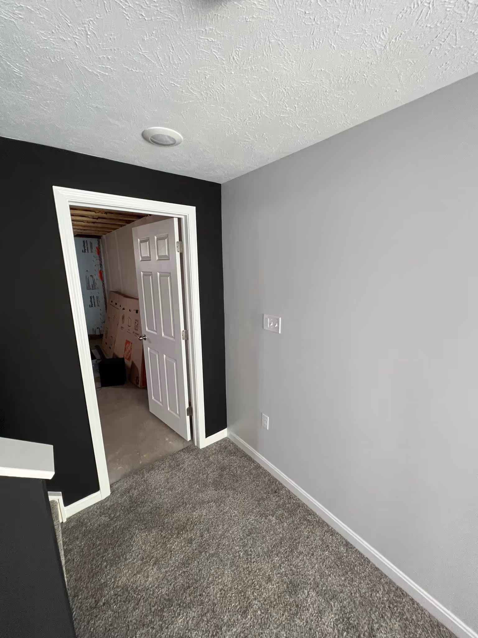 Interior corner with gray carpet, gray and black walls, and a white door open to an unfinished room.